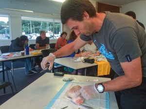 Dean learning to sew stitches on a pigs trotter (close to human skin.)