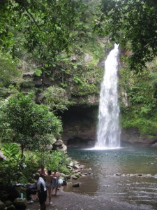 Bumpy bus ride took us to Bouma National Heritage Park to see waterfalls. Four villages got together and created this stunning park. As we walked out there were two women raking leaves off the path.