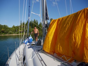 Drying our parachute because the sail locker got drenched.